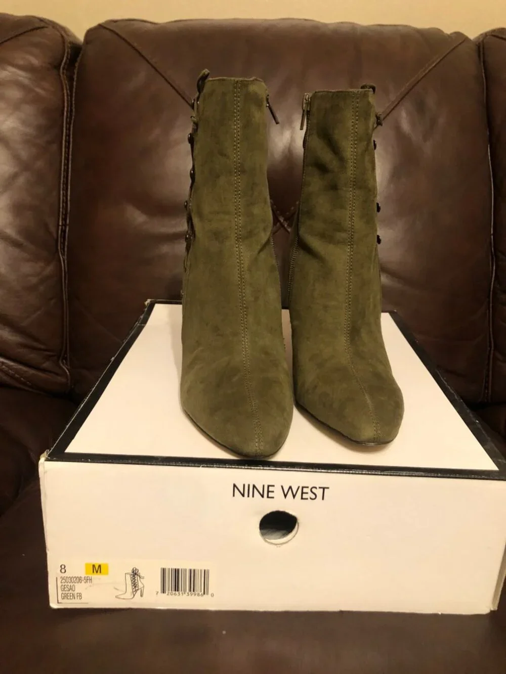 Nine West Gesao Olive Green Faux Suede Lace-Up Heeled Ankle Booties Size 8